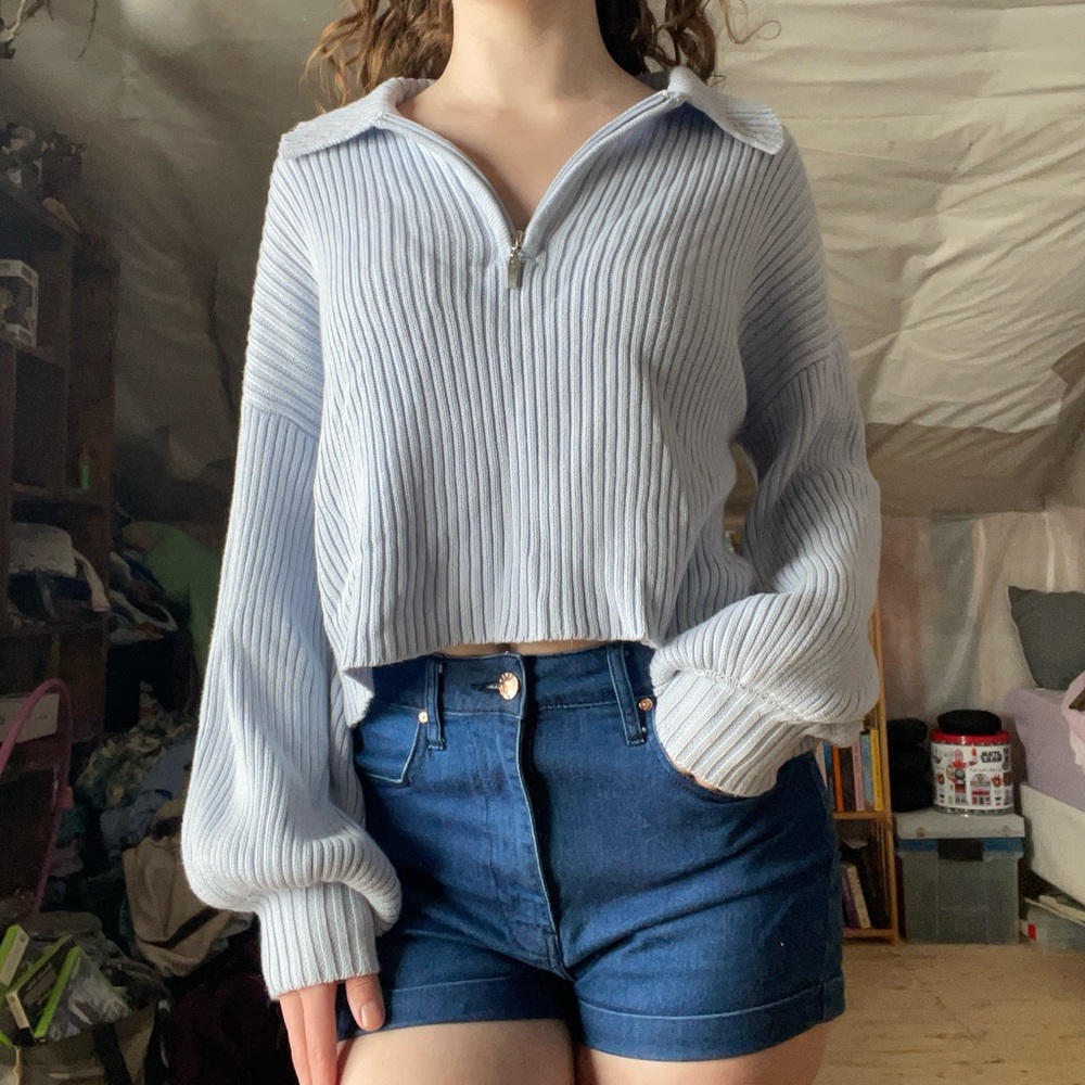🩵 Blue Cropped Sweater, Zip Up V Neck, Baggy, Pull Over, Women’s Sweatshirt